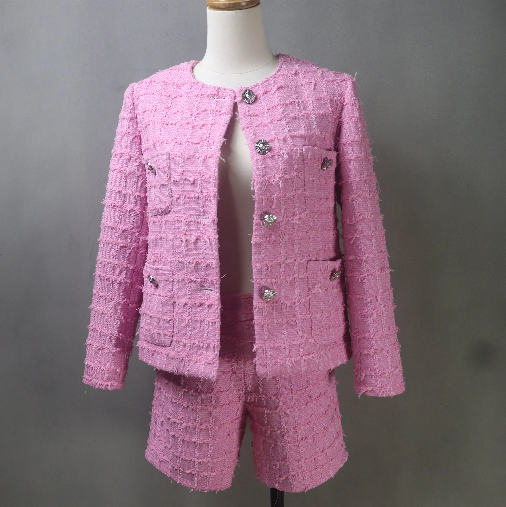 Pink Tweed Long Shorts Suit