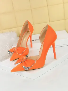 Pointed Toe, Side Cutout, Rhinestone Bowtie Stiletto Pumps