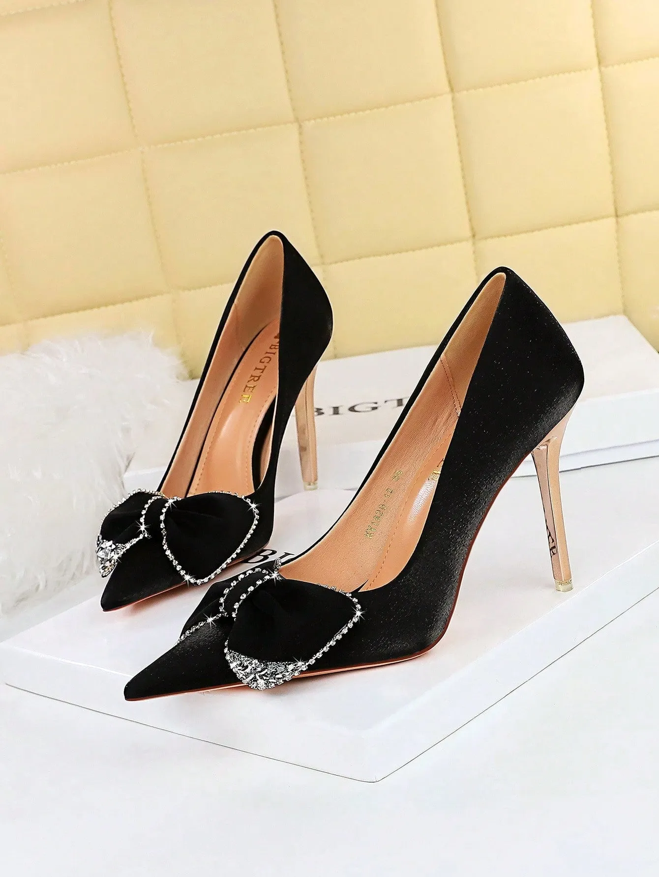 Pointed Toe, Side Cutout, Rhinestone Bowtie Stiletto Pumps