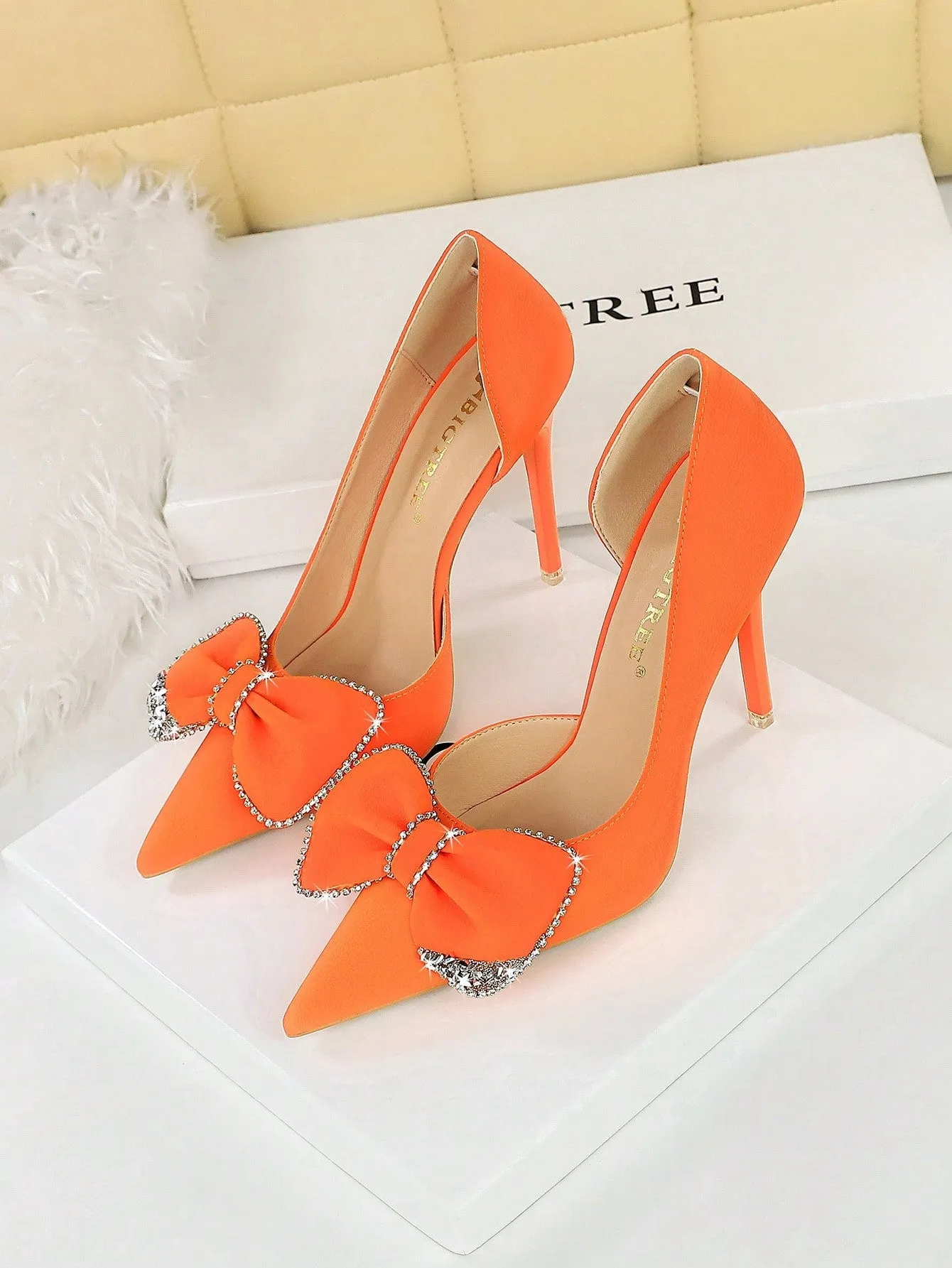 Pointed Toe, Side Cutout, Rhinestone Bowtie Stiletto Pumps