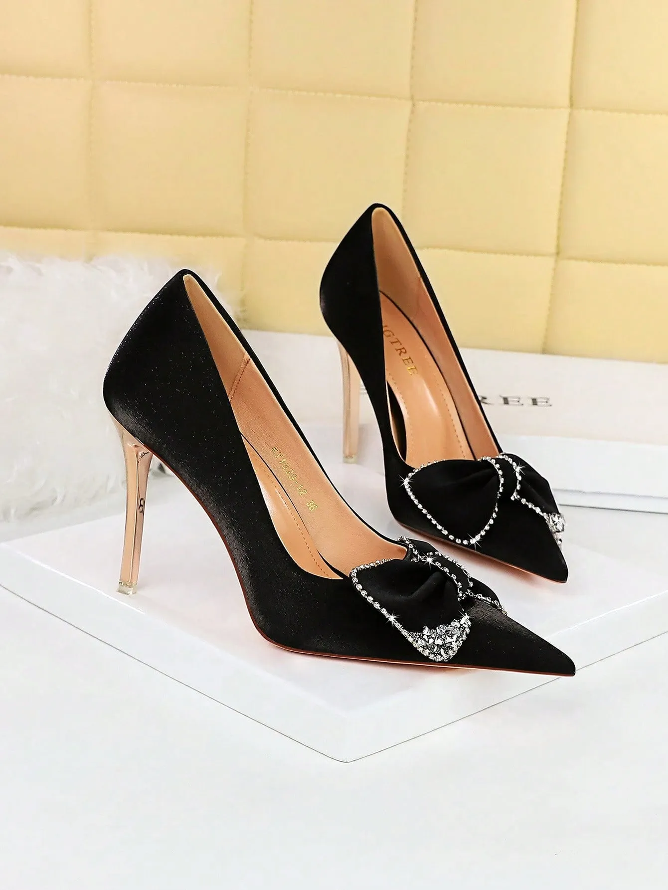 Pointed Toe, Side Cutout, Rhinestone Bowtie Stiletto Pumps