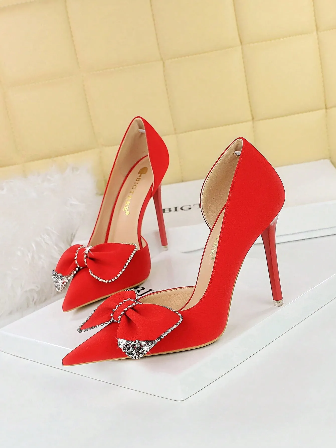 Pointed Toe, Side Cutout, Rhinestone Bowtie Stiletto Pumps