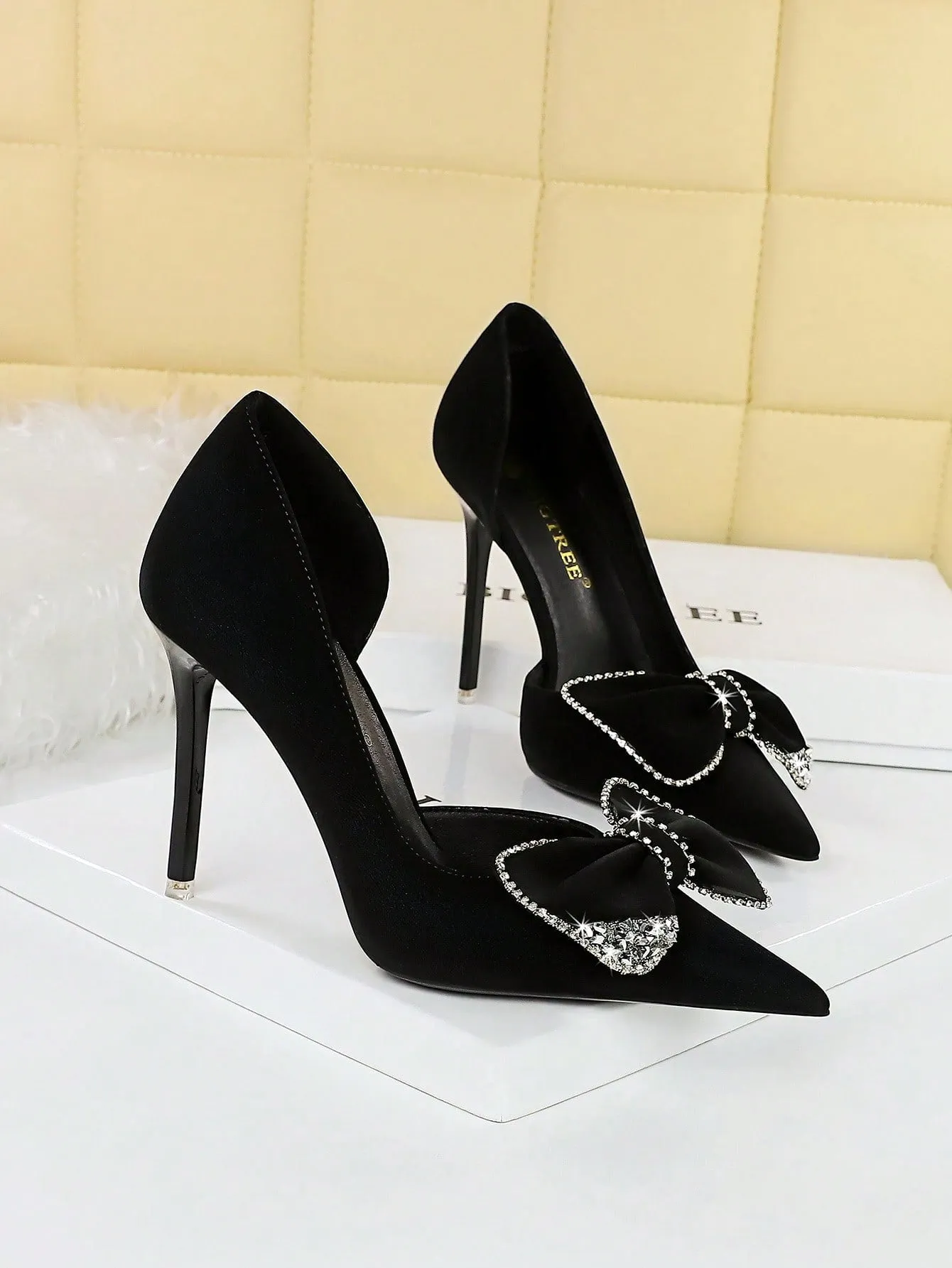 Pointed Toe, Side Cutout, Rhinestone Bowtie Stiletto Pumps