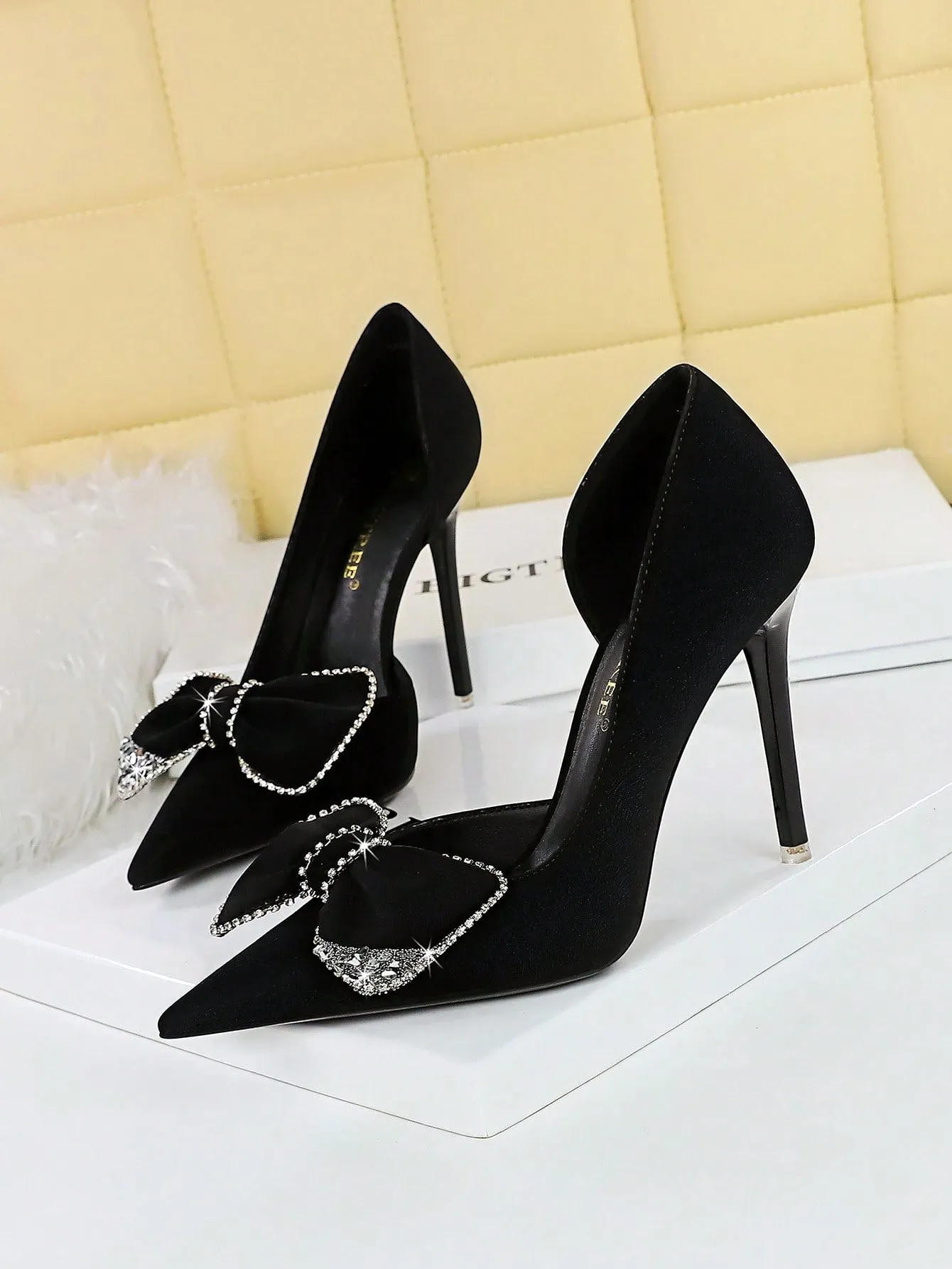 Pointed Toe, Side Cutout, Rhinestone Bowtie Stiletto Pumps