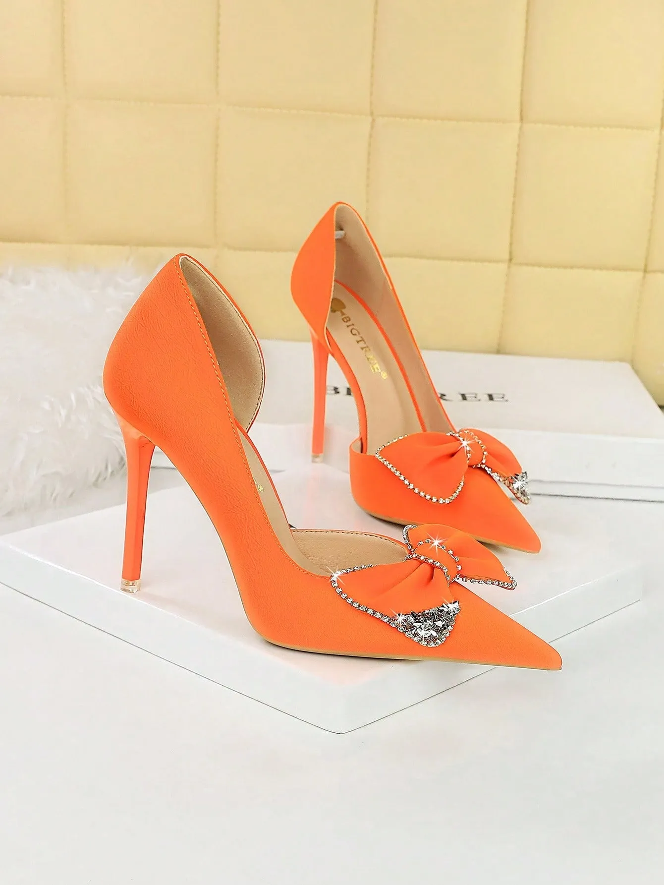 Pointed Toe, Side Cutout, Rhinestone Bowtie Stiletto Pumps