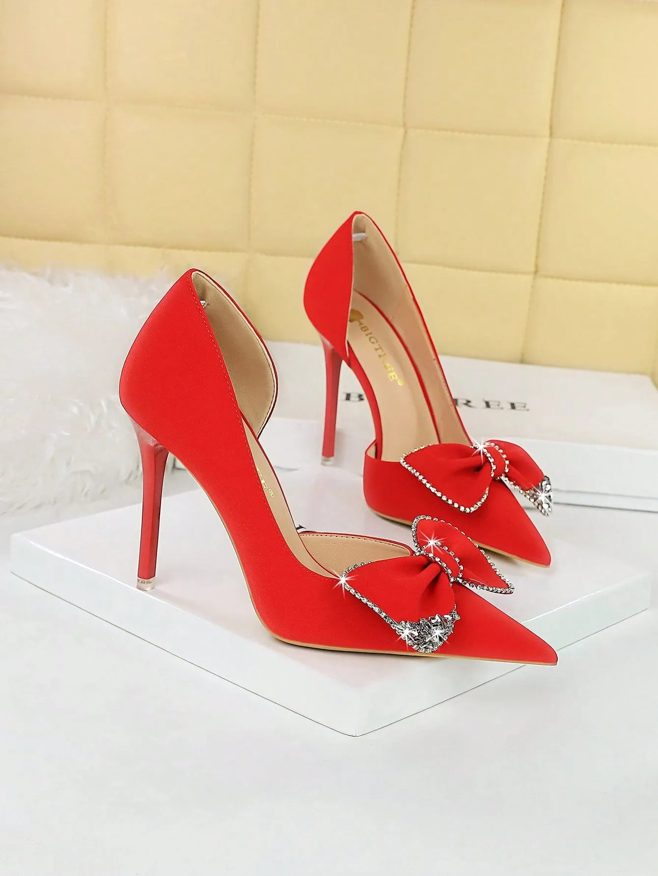 Pointed Toe, Side Cutout, Rhinestone Bowtie Stiletto Pumps