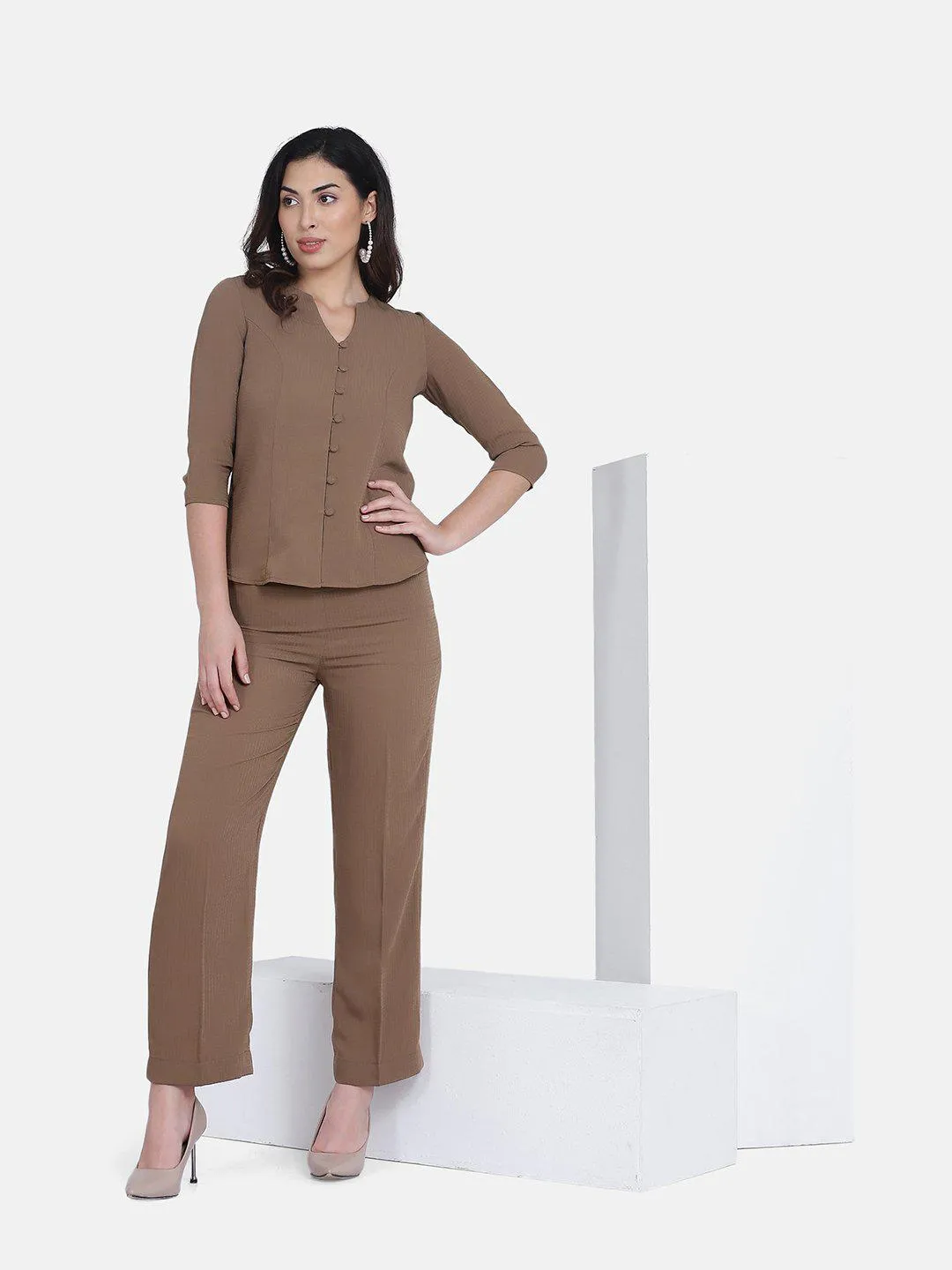 Poly Moss Pant Suit - Brown