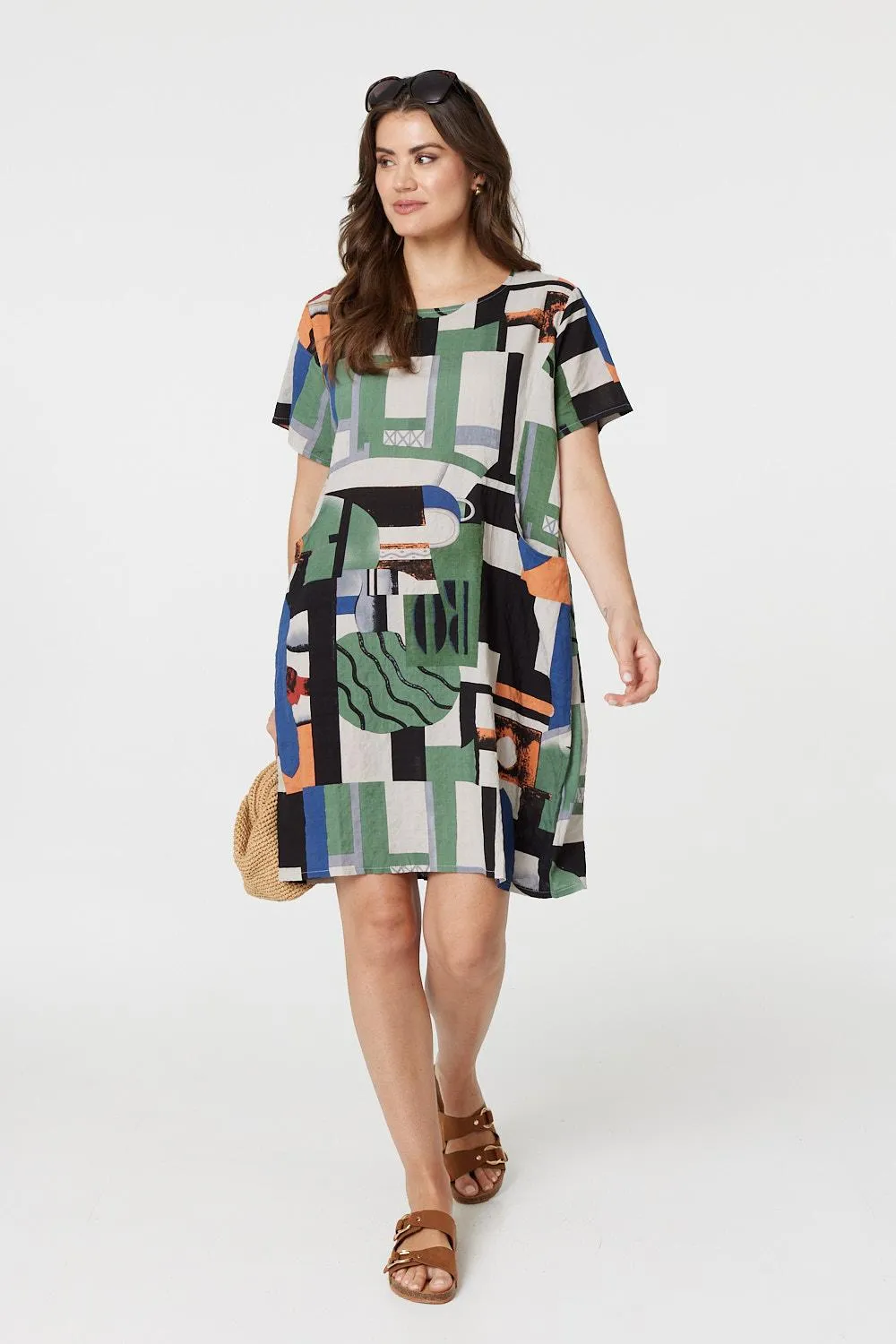 Printed Pocket Short Sleeve Shift Dress