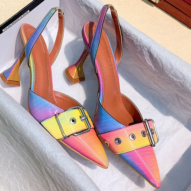 Purpdrank - Big Size 35-42 Rainbow Colorful Patent Leather Women Sandals Elegant Pointed Toe Buckle High Heels Wedding Shoes Slingback Pumps