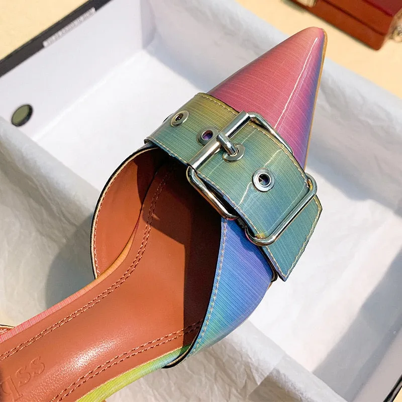 Purpdrank - Big Size 35-42 Rainbow Colorful Patent Leather Women Sandals Elegant Pointed Toe Buckle High Heels Wedding Shoes Slingback Pumps