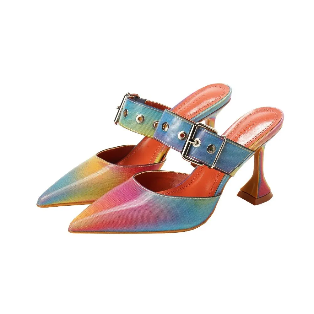 Purpdrank - Big Size 35-42 Rainbow Colorful Patent Leather Women Sandals Elegant Pointed Toe Buckle High Heels Wedding Shoes Slingback Pumps