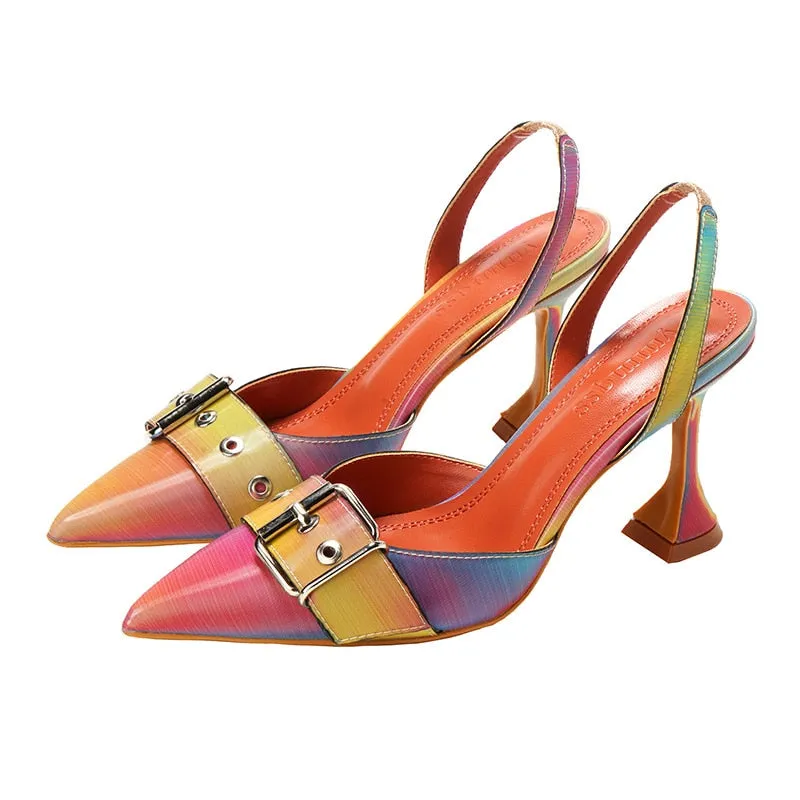 Purpdrank - Big Size 35-42 Rainbow Colorful Patent Leather Women Sandals Elegant Pointed Toe Buckle High Heels Wedding Shoes Slingback Pumps