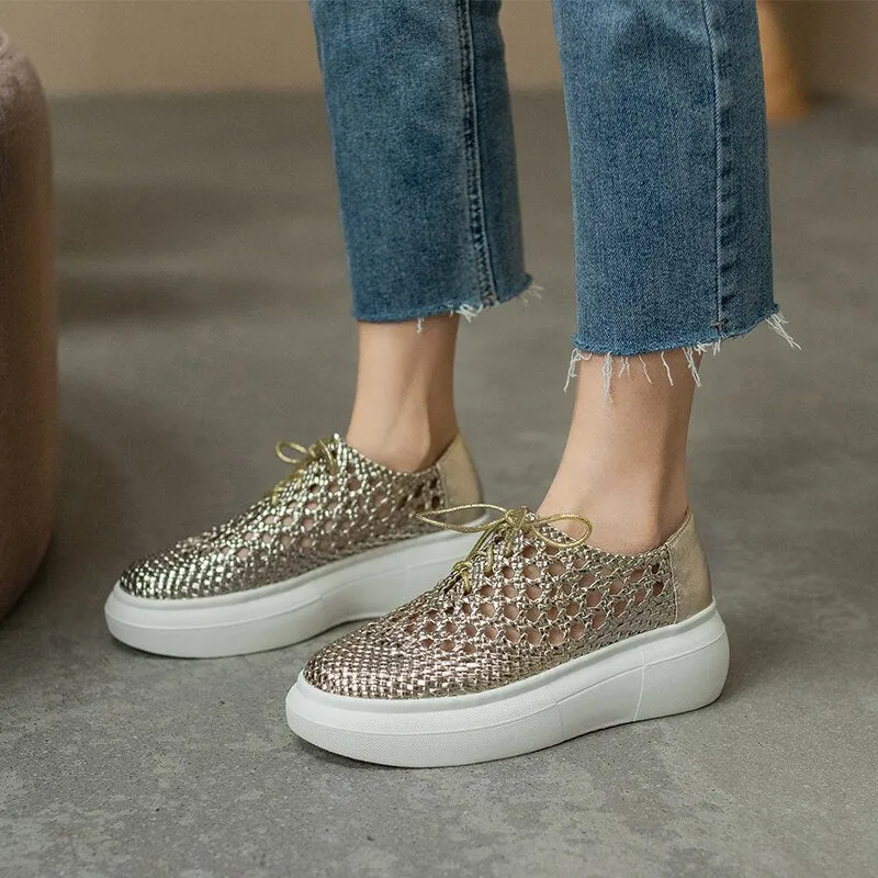 Purpdrank - New Genuine Leather Sponge Cake Women Shoes Spring/summer Hollow Breathable Flat Platform Shoes Woven Hole Handmade Shoes Woman