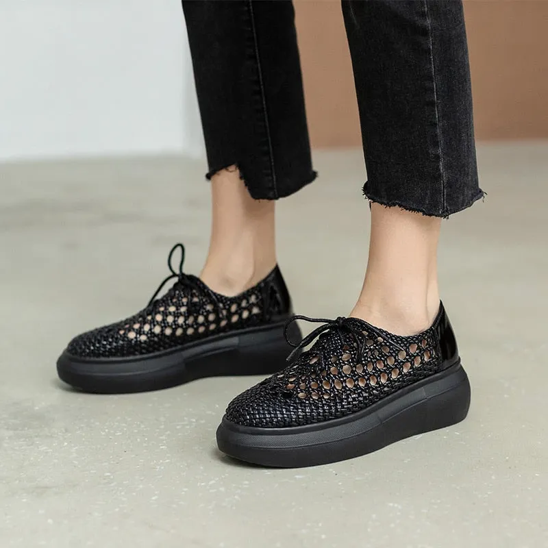 Purpdrank - New Genuine Leather Sponge Cake Women Shoes Spring/summer Hollow Breathable Flat Platform Shoes Woven Hole Handmade Shoes Woman