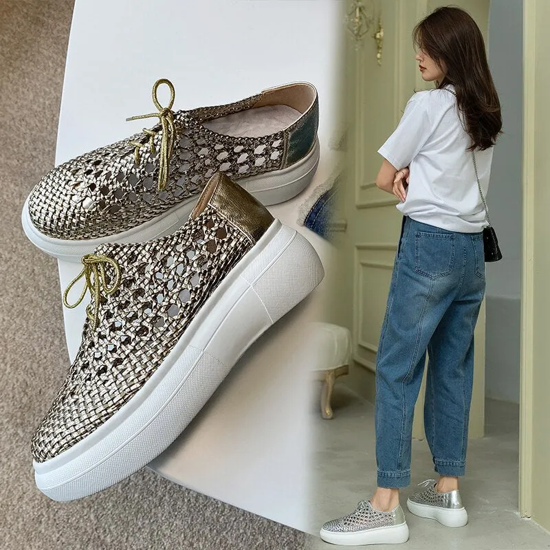 Purpdrank - New Genuine Leather Sponge Cake Women Shoes Spring/summer Hollow Breathable Flat Platform Shoes Woven Hole Handmade Shoes Woman