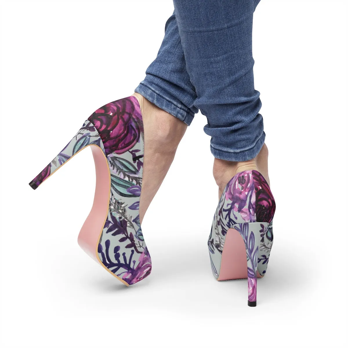 Purple Print Floral High Heels, Flower Print Wedding Women's 4" Platform Heels Stilettos Pumps