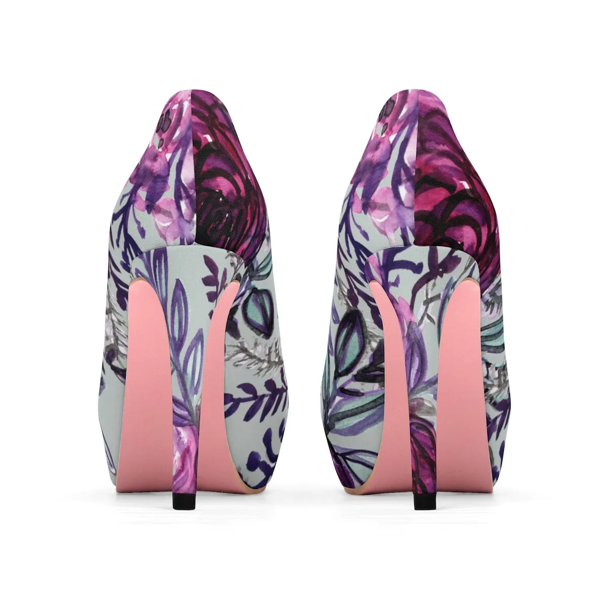 Purple Print Floral High Heels, Flower Print Wedding Women's 4" Platform Heels Stilettos Pumps