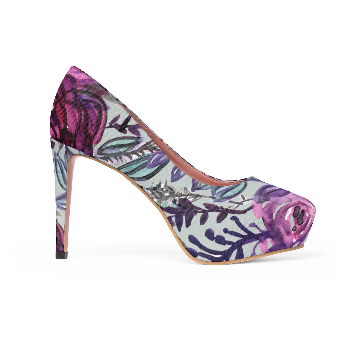 Purple Print Floral High Heels, Flower Print Wedding Women's 4" Platform Heels Stilettos Pumps