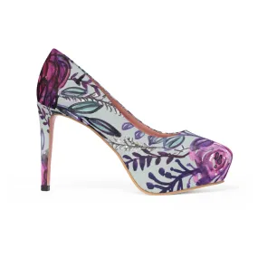 Purple Print Floral High Heels, Flower Print Wedding Women's 4" Platform Heels Stilettos Pumps