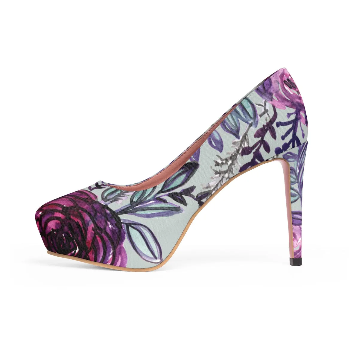 Purple Print Floral High Heels, Flower Print Wedding Women's 4" Platform Heels Stilettos Pumps