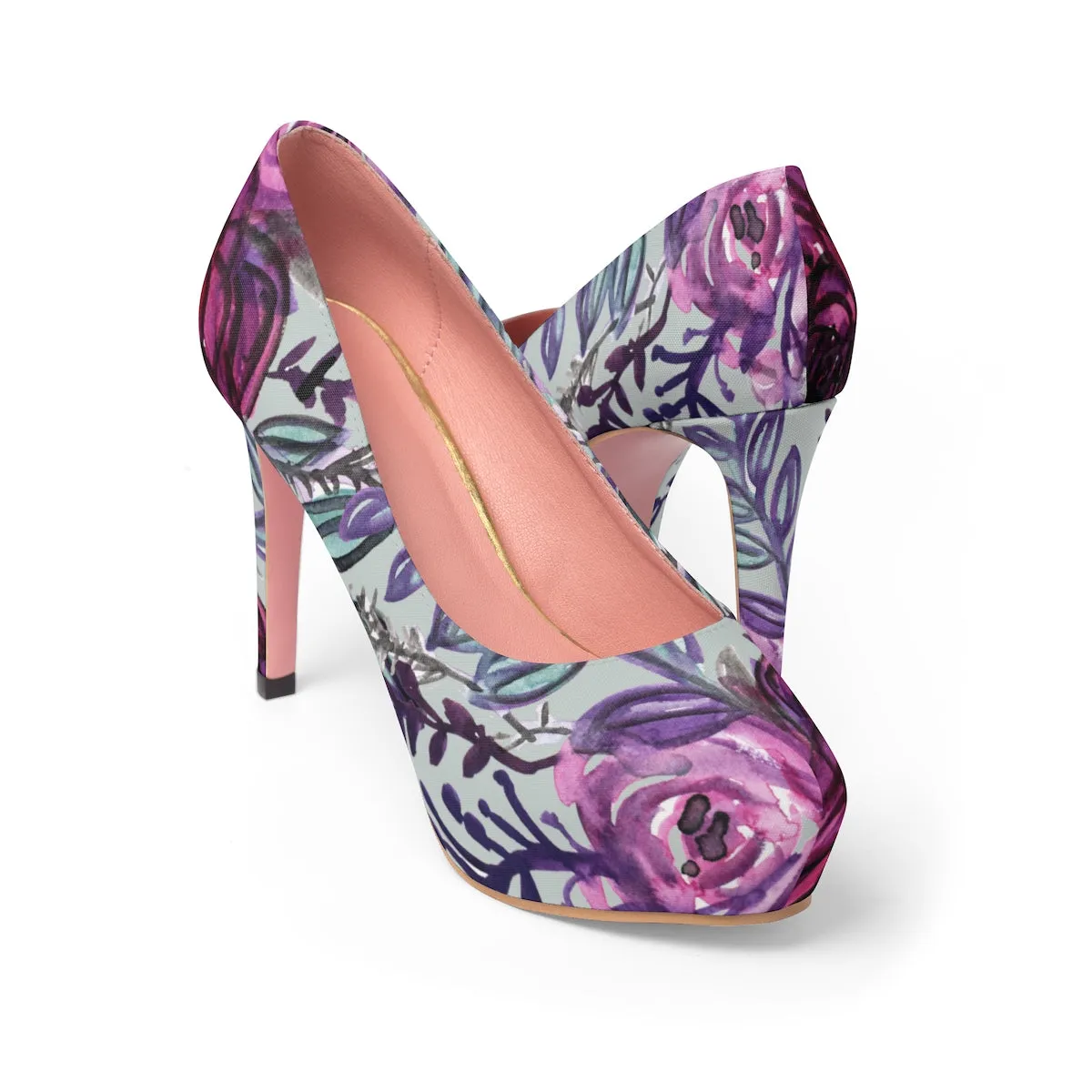 Purple Print Floral High Heels, Flower Print Wedding Women's 4" Platform Heels Stilettos Pumps