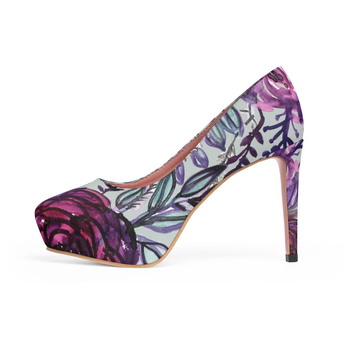 Purple Print Floral High Heels, Flower Print Wedding Women's 4" Platform Heels Stilettos Pumps