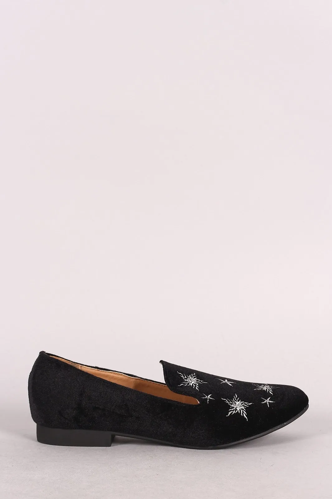 Qupid Velvet Star Embroidered Almond Toe Loafer Flat