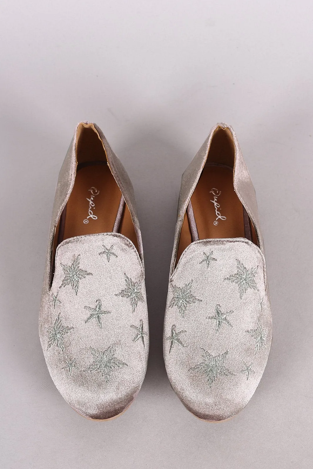 Qupid Velvet Star Embroidered Almond Toe Loafer Flat