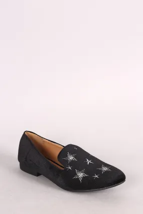 Qupid Velvet Star Embroidered Almond Toe Loafer Flat