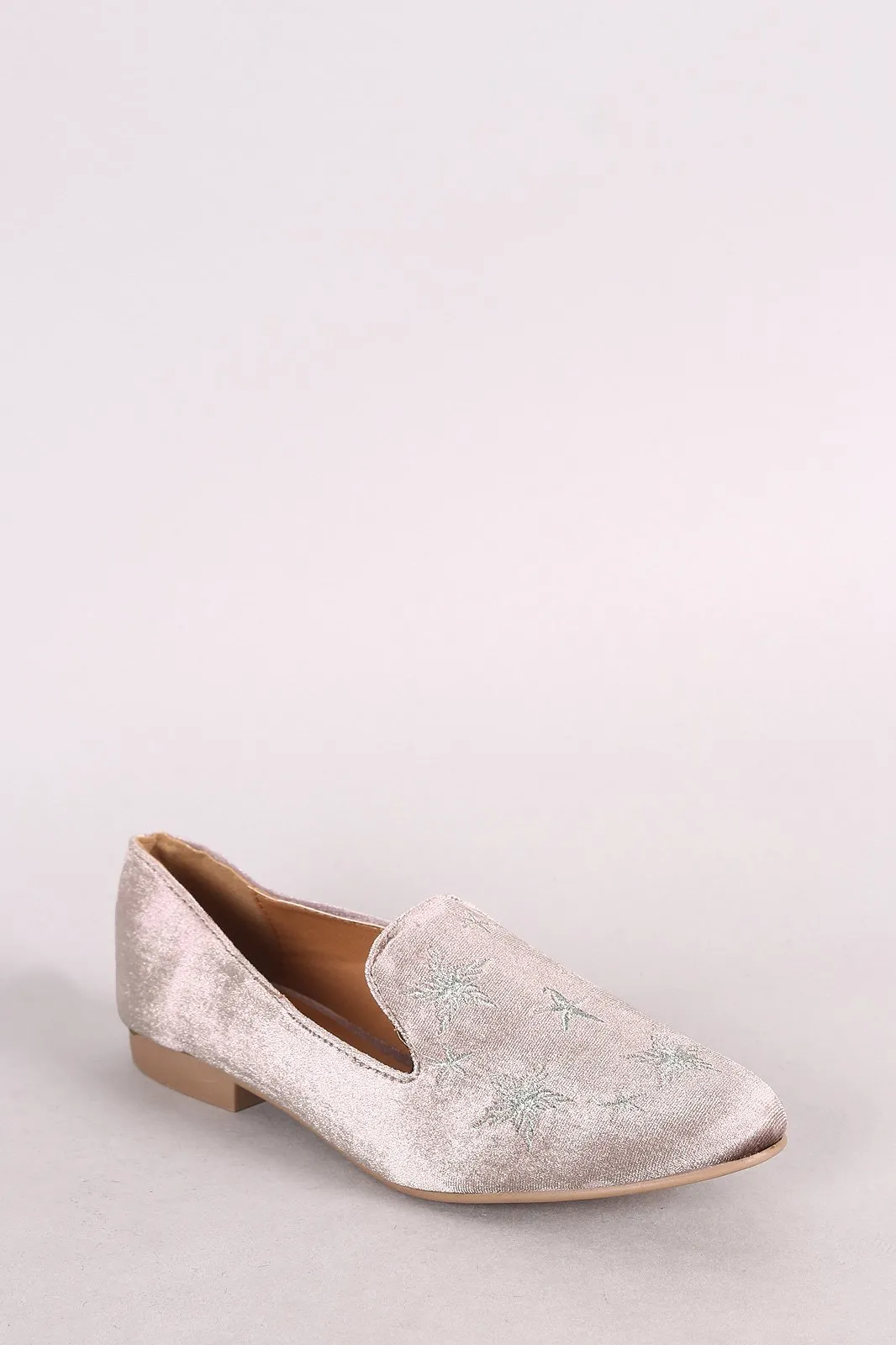 Qupid Velvet Star Embroidered Almond Toe Loafer Flat