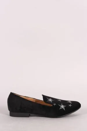 Qupid Velvet Star Embroidered Almond Toe Loafer Flat