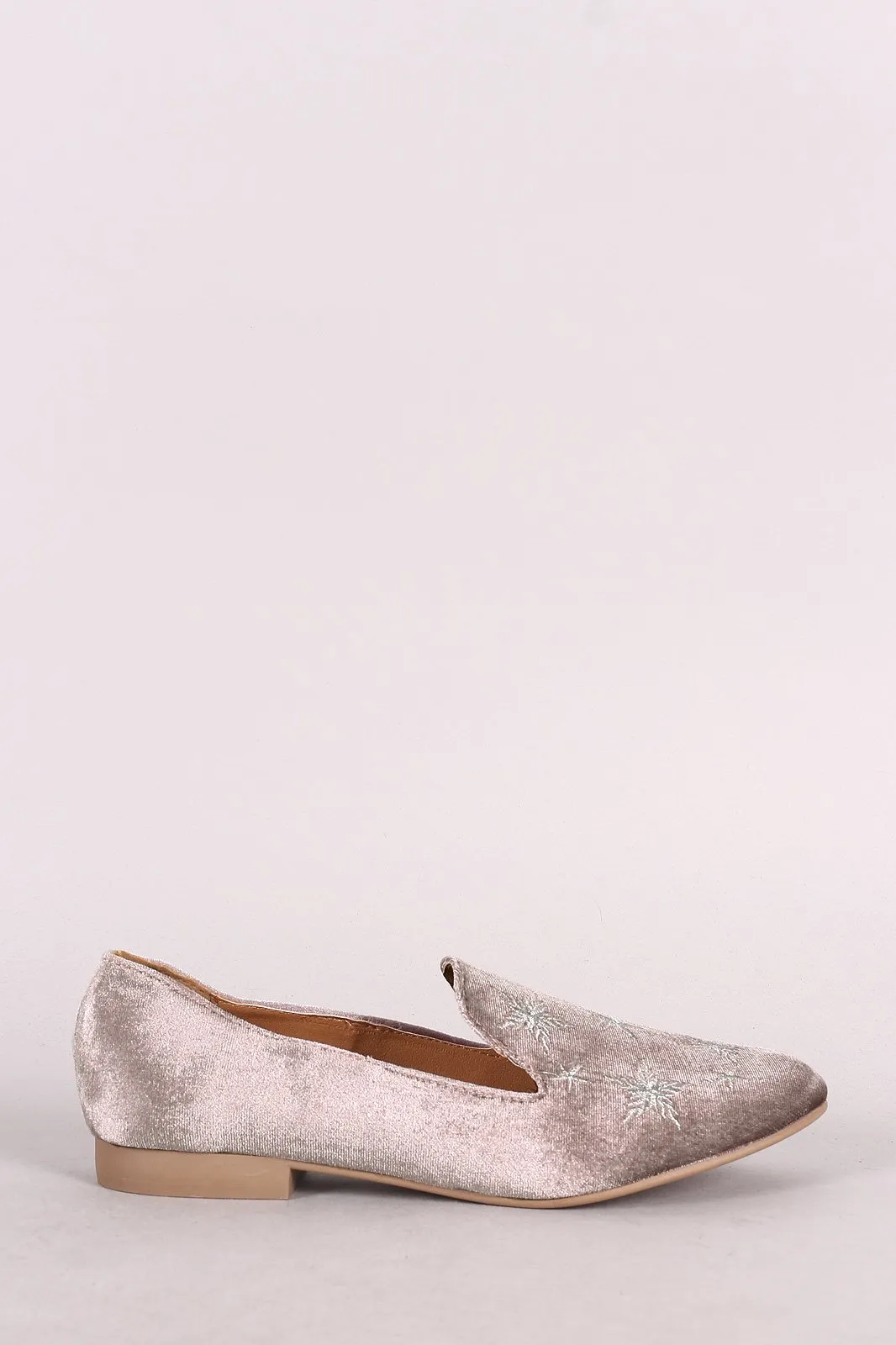 Qupid Velvet Star Embroidered Almond Toe Loafer Flat