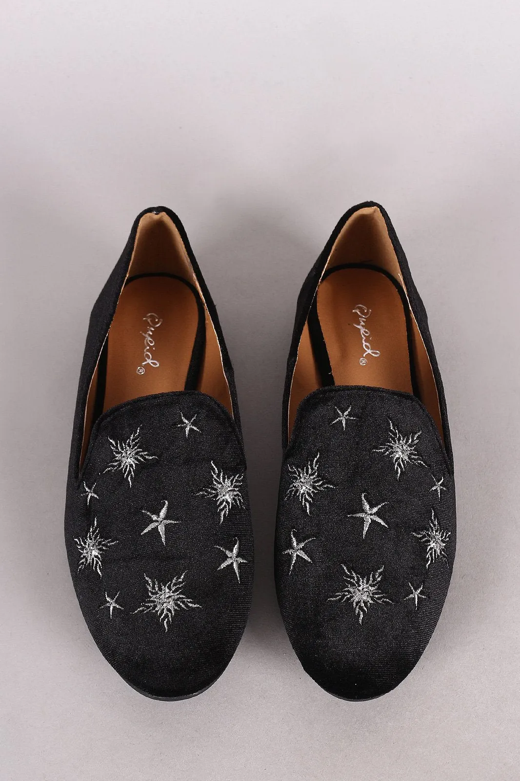 Qupid Velvet Star Embroidered Almond Toe Loafer Flat