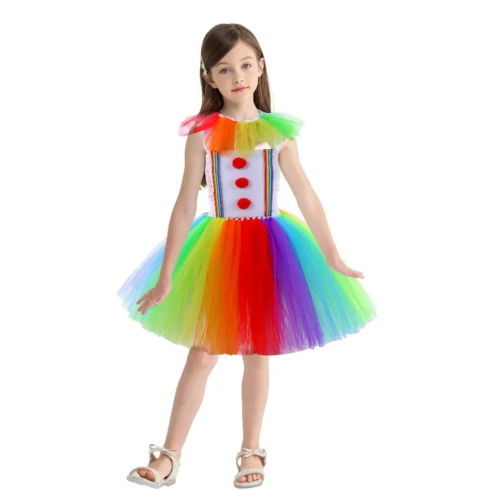 Rainbow Clown Dress for Girls 2024 New Fashion Mesh Princess Dress Carnival Halloween Cosplay Costume Cute Sweet Birthday Party Dress