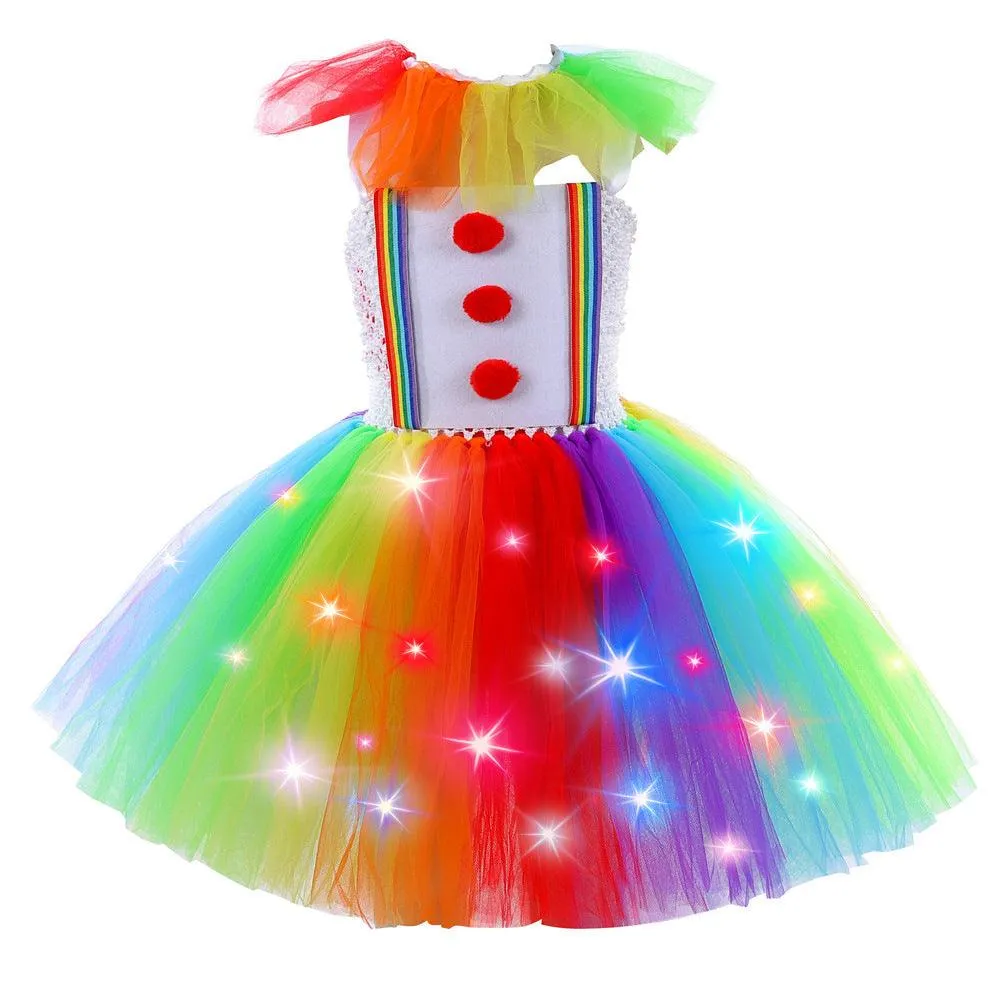 Rainbow Clown Dress for Girls 2024 New Fashion Mesh Princess Dress Carnival Halloween Cosplay Costume Cute Sweet Birthday Party Dress