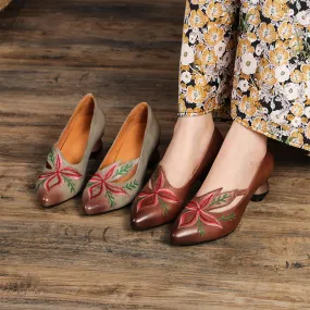 Retro Style Embroidery Pointed-Toe Pumps For Women sculptural heeled Designer Shoes Coffee/Grey