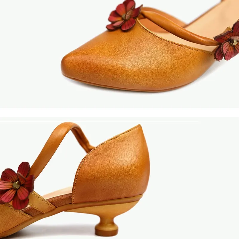 Retro Style Flowers Pointed-Toe Pumps For Women Kitty Heel Designer Shoes Coffee/Camel