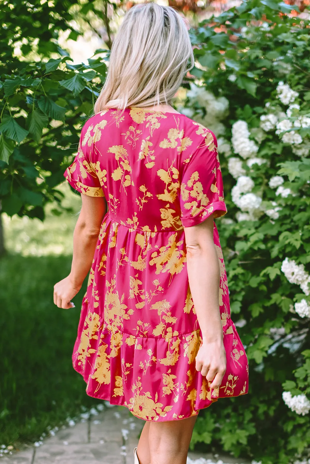 Rose Floral Short Sleeve Surplice Neck Ruffled Mini Dress