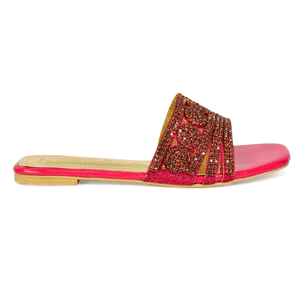 Sam Cut Out Square Toe Sparkly Front Strap Flat Diamante Sandals in Pink