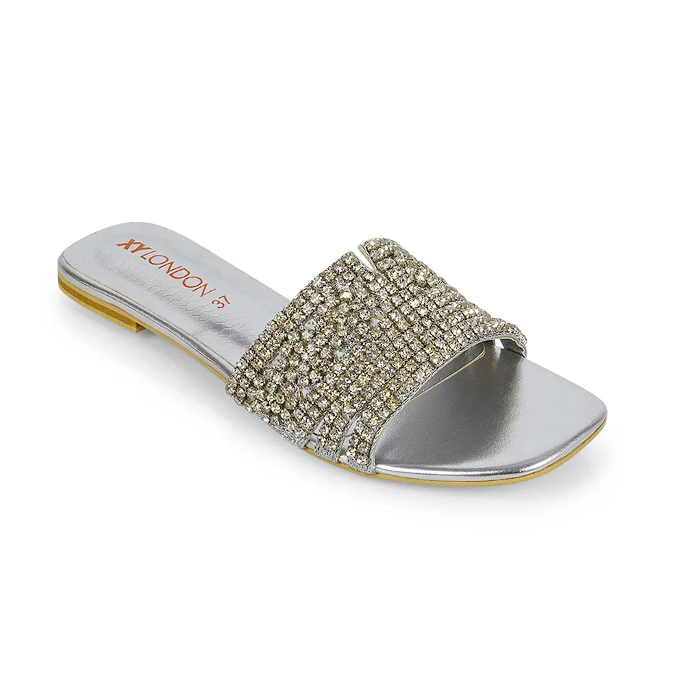 Sam Cut Out Square Toe Sparkly Front Strap Flat Diamante Sandals in Silver