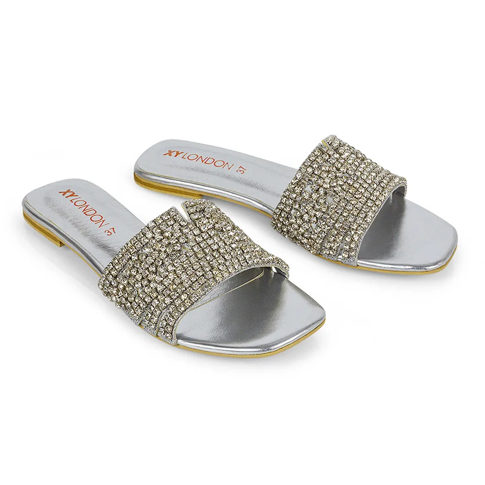 Sam Cut Out Square Toe Sparkly Front Strap Flat Diamante Sandals in Silver