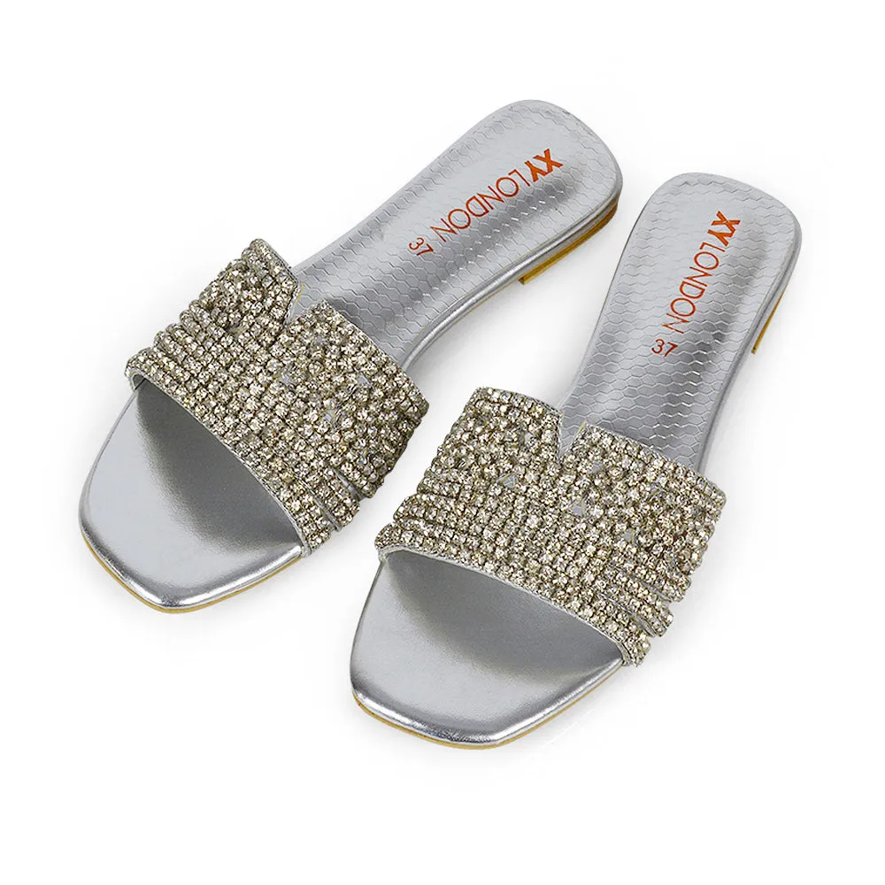 Sam Cut Out Square Toe Sparkly Front Strap Flat Diamante Sandals in Silver