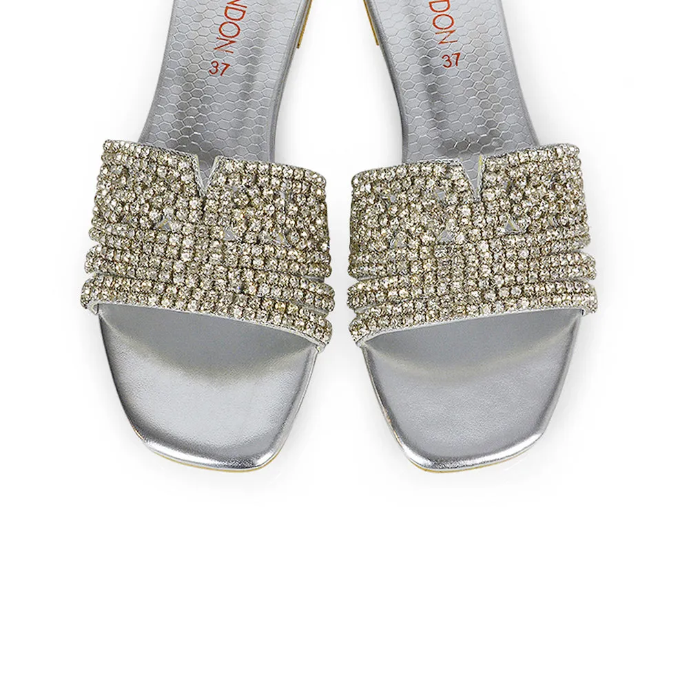 Sam Cut Out Square Toe Sparkly Front Strap Flat Diamante Sandals in Silver