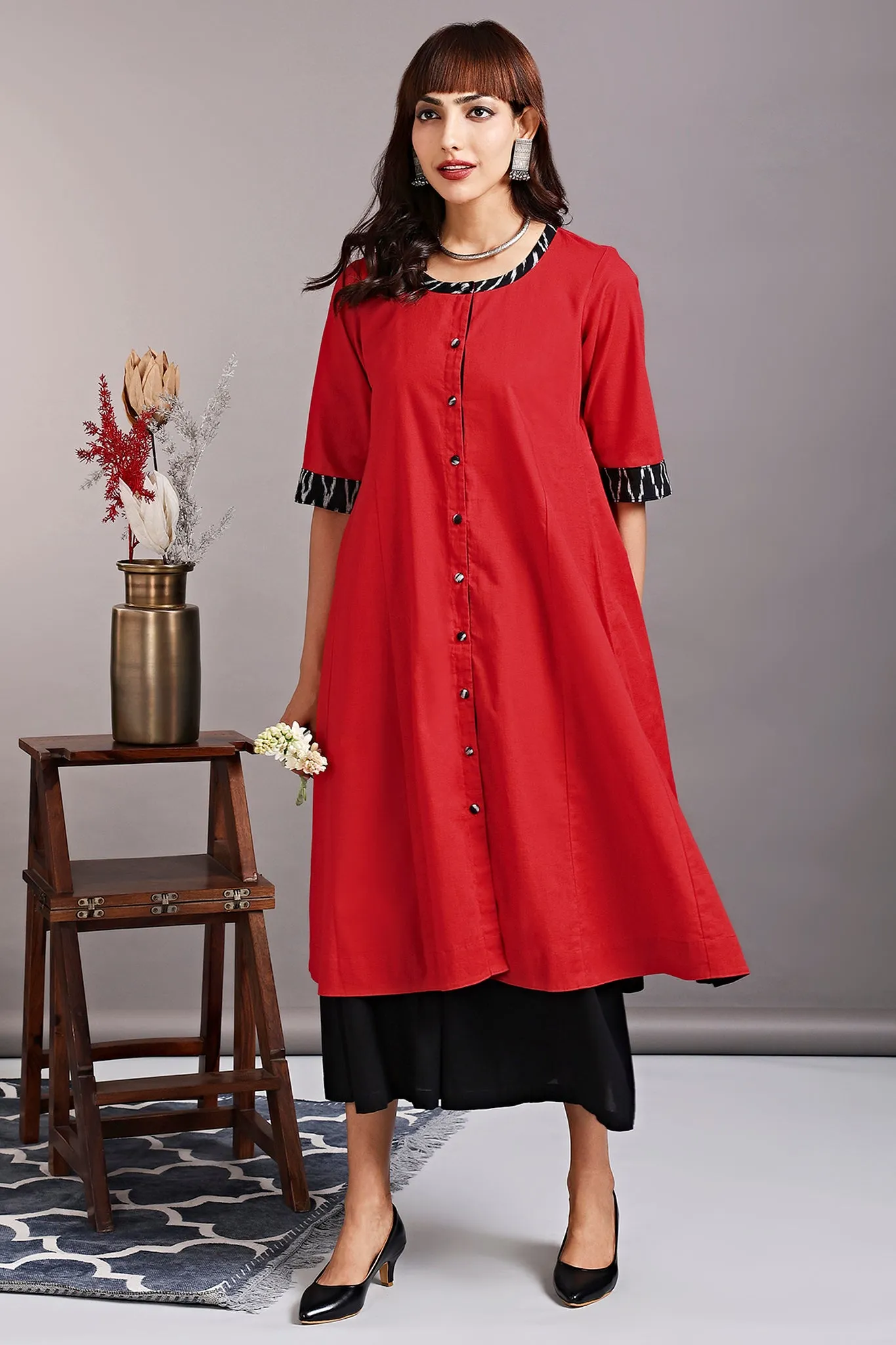 side panel a-line button down kurta - amaryllis crimson & raven drops