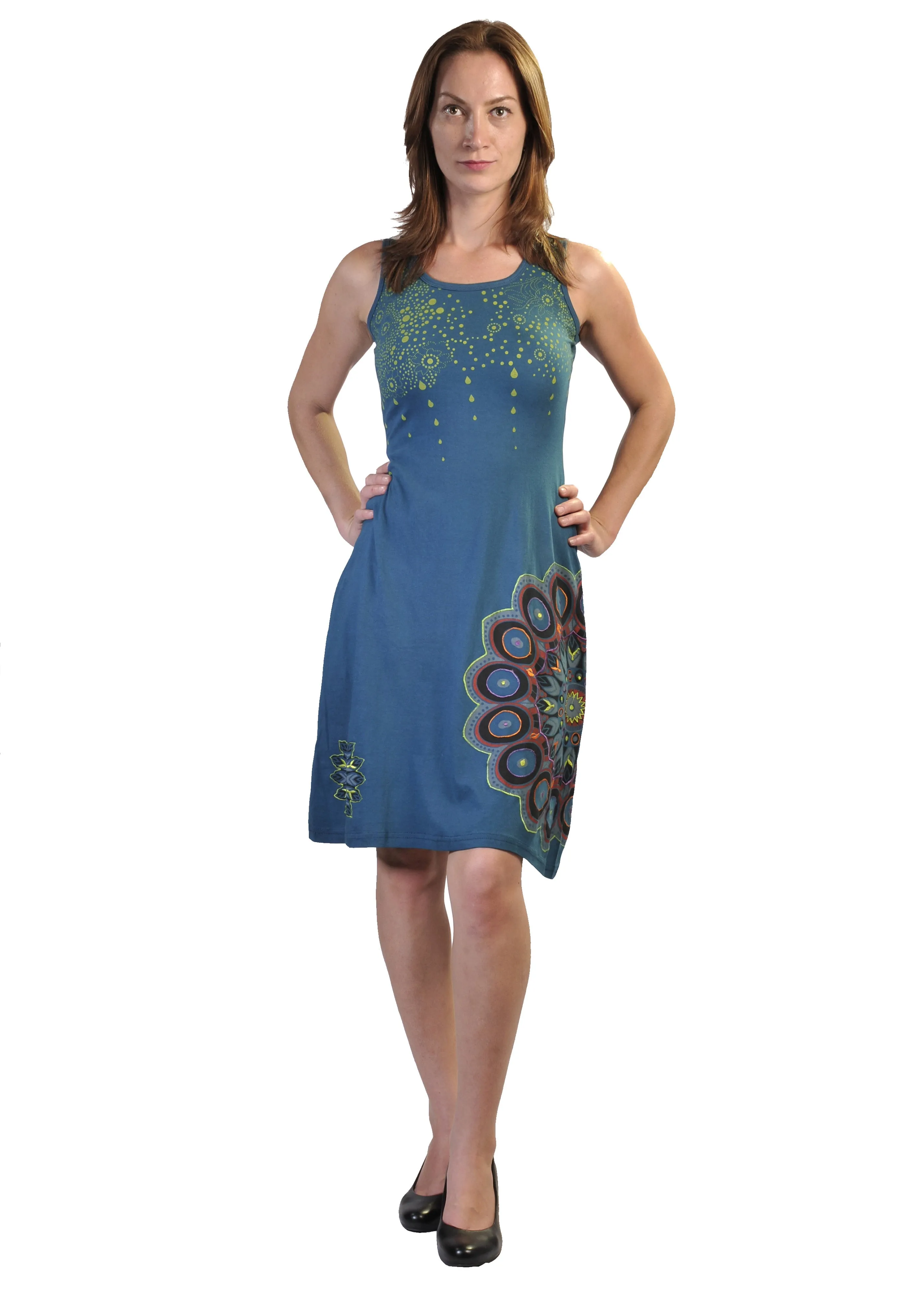 Sleeveless Dress With Side Feather Design Patches.