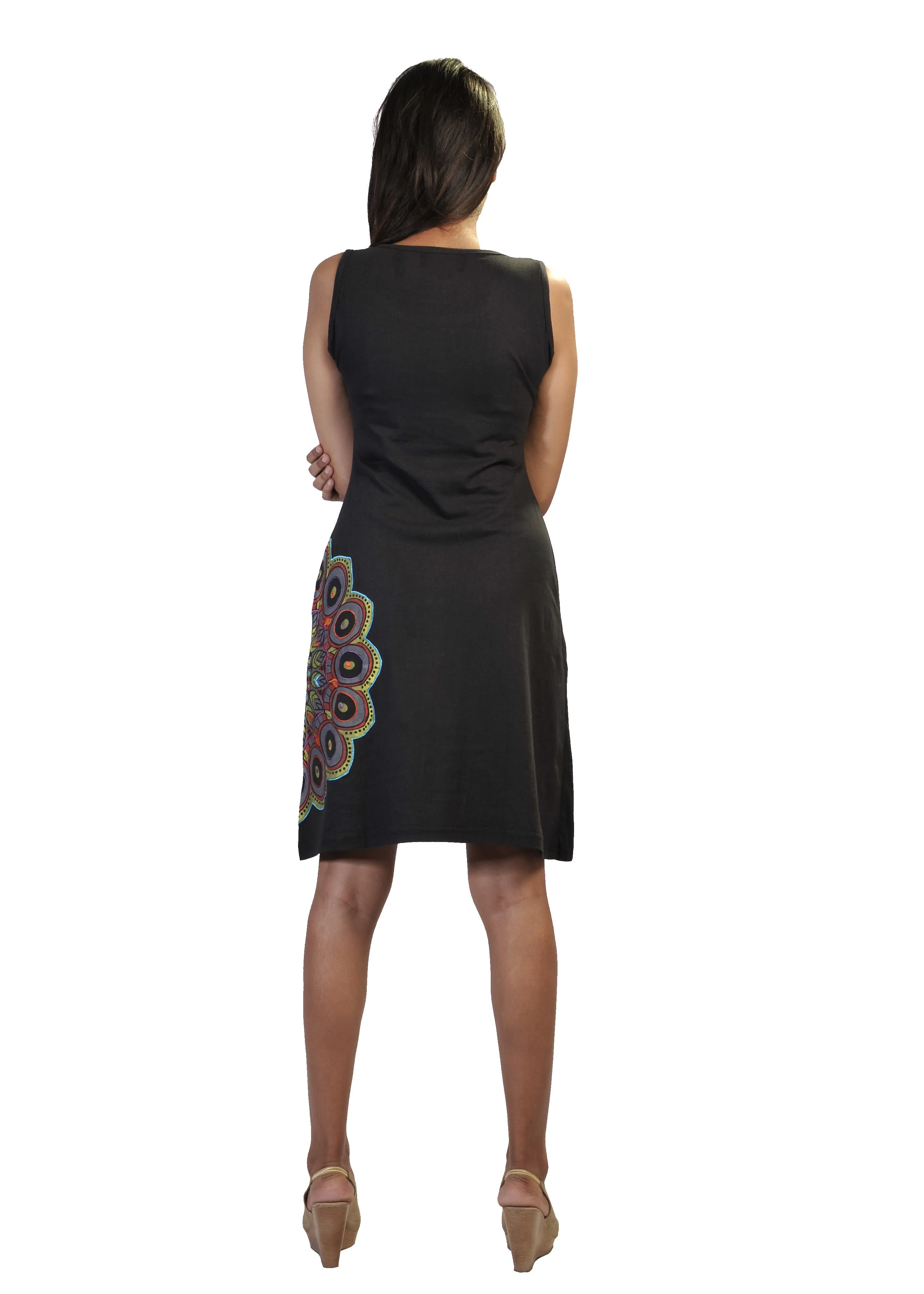 Sleeveless Dress With Side Feather Design Patches.