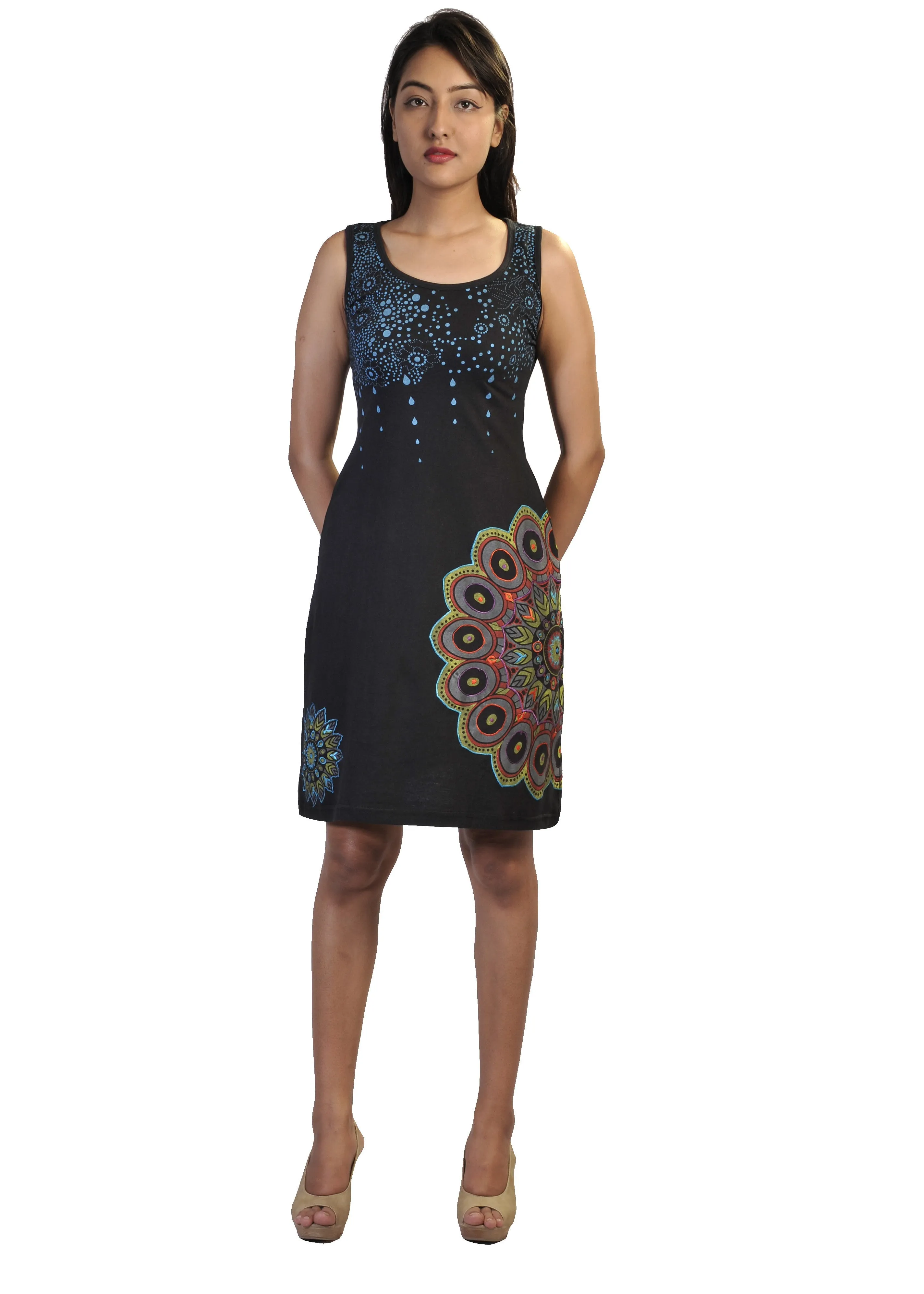 Sleeveless Dress With Side Feather Design Patches.