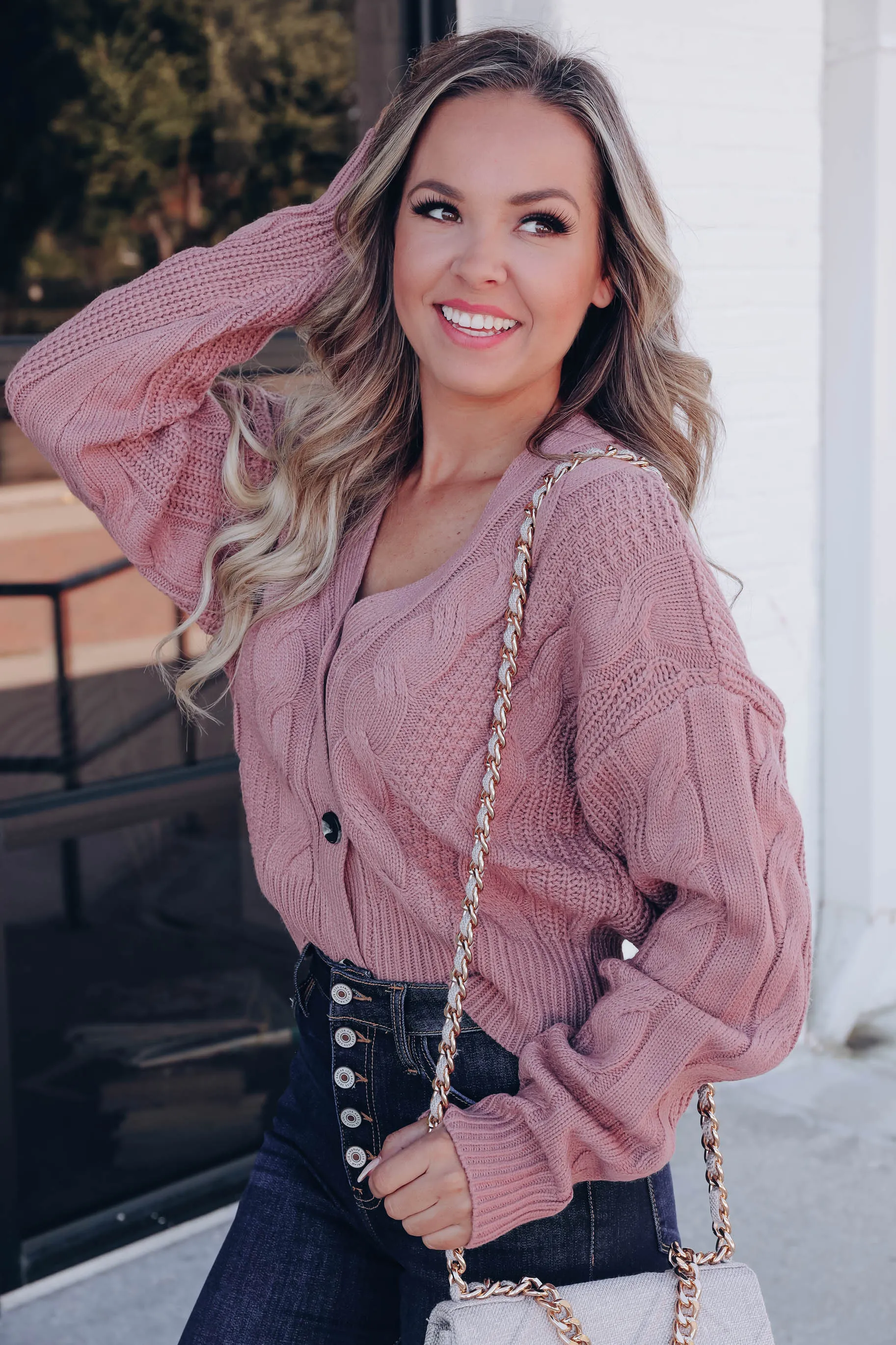 Snuggly Button Up Cropped Cardigan - Mauve