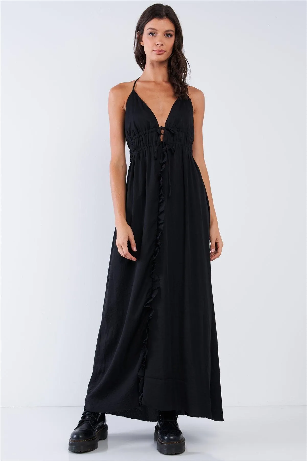 Solid Black Satin Open Back Halter Draw String Tie Top Ruffle Vertical Top-To-Bottom Hem Stretchy Waistline Maxi Dress /1-2-2-1