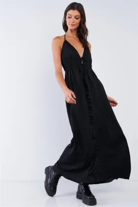 Solid Black Satin Open Back Halter Draw String Tie Top Ruffle Vertical Top-To-Bottom Hem Stretchy Waistline Maxi Dress /1-2-2-1